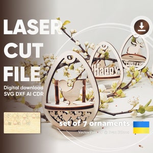 Ostereier - Laser Cut Ornamente, SVG 3D Plan mit Hühnern, Hasen und Blumen für Schneidemaschinen