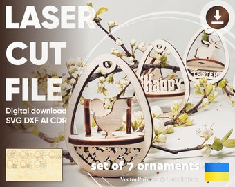 Easter eggs - Laser Cut Ornaments, SVG 3d Plan with Chickens, Bunnies and Flowers for Cutting machines