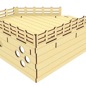May include: A wooden playhouse with a platform, railing, and a ladder. The playhouse has a series of round holes cut into the side.