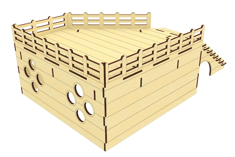 May include: A wooden playhouse with a platform, railing, and a ladder. The playhouse has a series of round holes cut into the side.