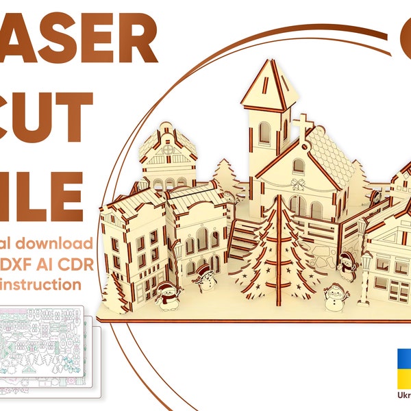 Christmas town - Laser Cut Files, Glowforge SVG City scene with 3d houses