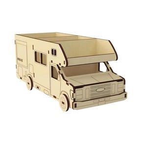 May include: A wooden model of a camper van with a white and brown color scheme. The camper has a raised roof and a Ford logo on the front.