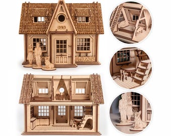 Dollhouse with Furniture Laser Cut File, 1:12 Scale House Plans SVG