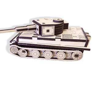 May include: A wooden model of a tank with a brown and white color scheme. The tank has a long barrel and a detailed design.