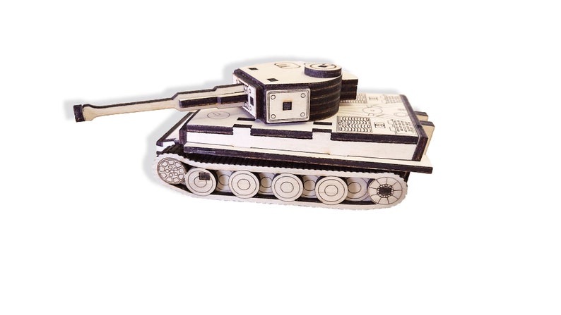 May include: A wooden model of a tank with a brown and white color scheme. The tank has a long barrel and a detailed design.
