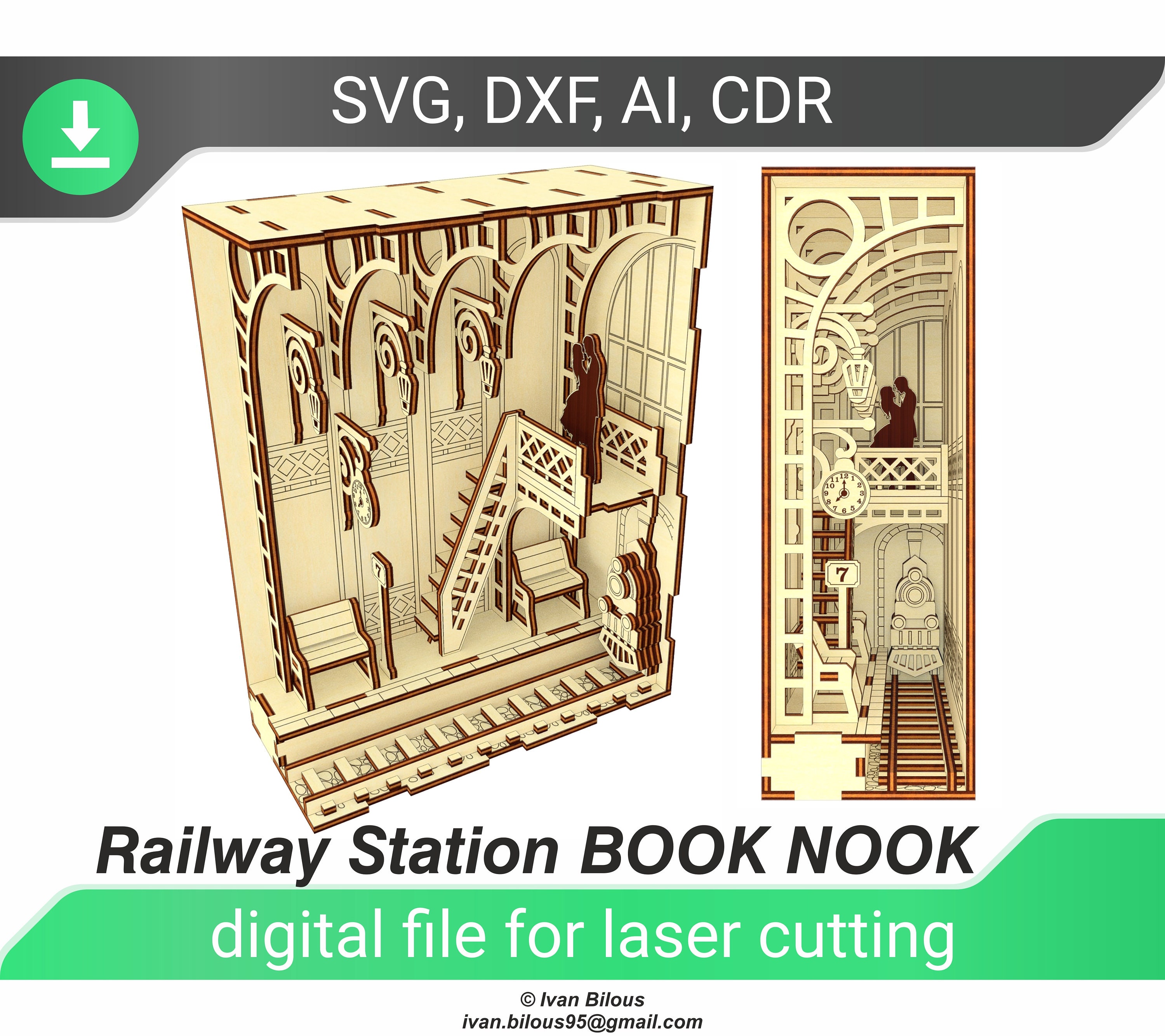 Gare Book nook - SVG laser cut file, Glowforge pattern shelf insert book nook, Téléchargement instantané