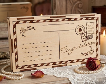 Archivo cortado a láser para caja de regalo con sobre, plantilla CNC para portamonedas de boda estilo postal SVG