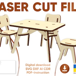 Muebles para muñecas Mesa y sillas - Archivos SVG cortados con láser, plano vectorial digital para máquinas de corte