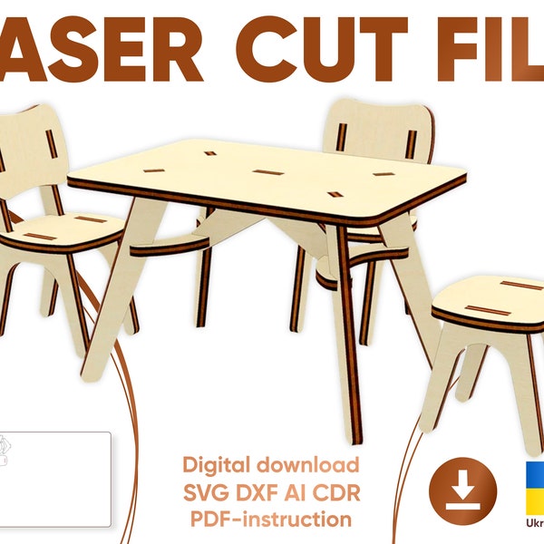 Meubles de poupée Table et chaises - Fichiers de découpe laser SVG, plan vectoriel numérique pour machines de découpe