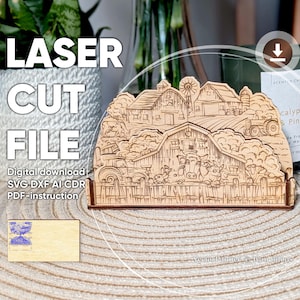 Farm Napkin Holder - SVG Laser File, Plywood Project for Café with Village Engraving