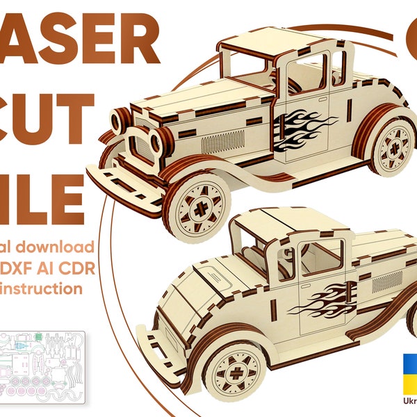 Old car - SVG Laser Cut File, 3d Plywood Design of Roadster, Vector Plan for Cutting Machines