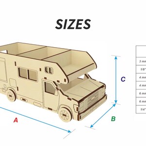 May include: A wooden model of a camper van with a pop-up roof. The model is shown in different sizes and material thicknesses. The dimensions are labeled A, B, and C. The material thicknesses are listed in millimeters and inches.