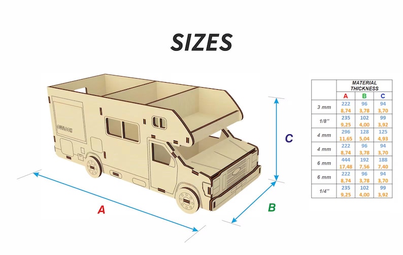 May include: A wooden model of a camper van with a pop-up roof. The model is shown in different sizes and material thicknesses. The dimensions are labeled A, B, and C. The material thicknesses are listed in millimeters and inches.