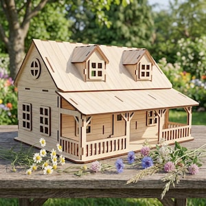 Dollhouse Farmhouse Laser Cut File, SVG Building Model with Open Space (Digital Pattern)