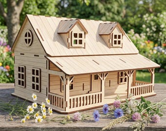 Dollhouse Farmhouse Laser Cut File, SVG Building Model with Open Space (Digital Pattern)