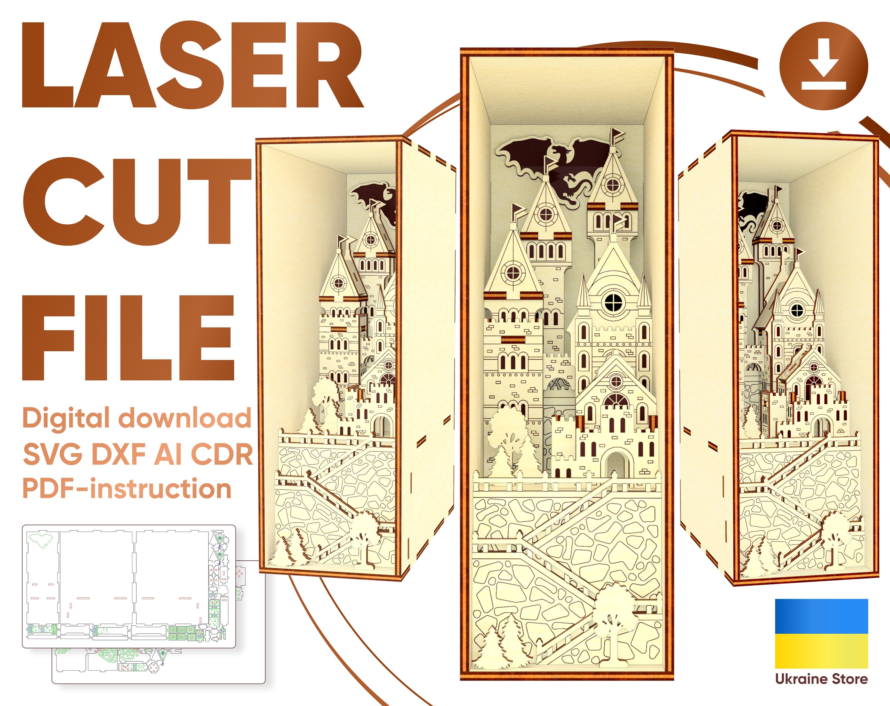 Château kit complet fichier cnc / puzzle en bois dxf, eps, svg / cnc château  découpé au laser -  France