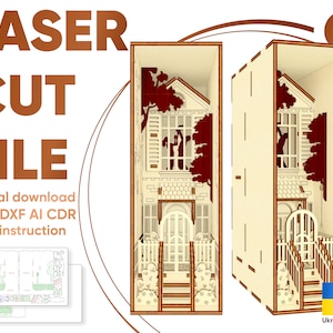 Book nook House - SVG laser cut file, Book nook Glowforge pattern, laser file