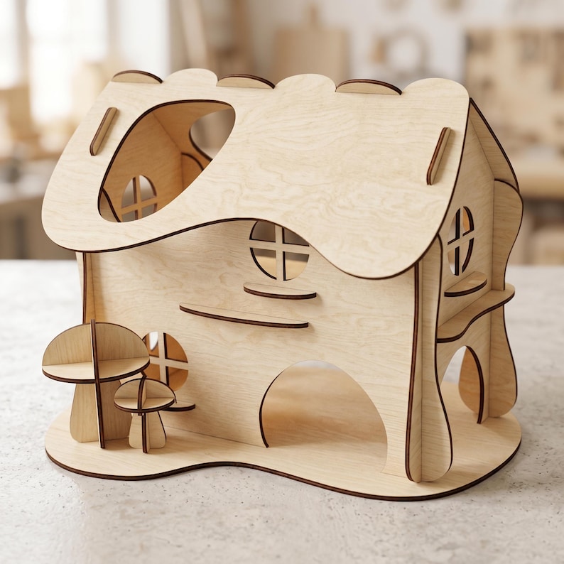 A wooden laser cut toy house with a unique, organic design sits on a surface.