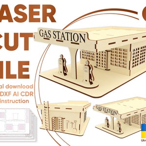 Benzinestation - 3D-puzzel lasergesneden bestand, Glowforge-patroon