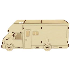 May include: A wooden model of a beige camper van with a pop-up roof. The model is detailed with windows, doors, and wheels.