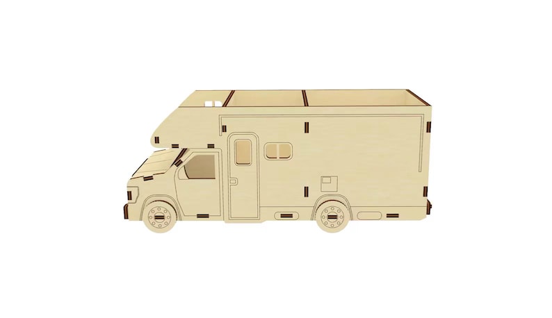 May include: A wooden model of a beige camper van with a pop-up roof. The model is detailed with windows, doors, and wheels.