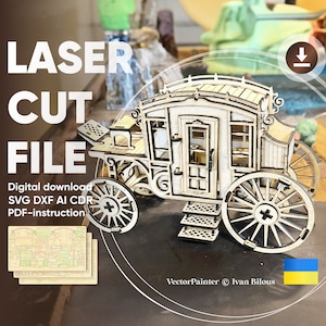 Carriage - SVG Laser Cut Files, Nomad caravan wagon with horses - Vector plan for Cutting Machines
