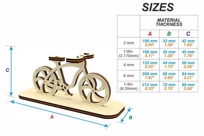 May include: A wooden model of a bicycle with a stand. The model is available in different sizes depending on the material thickness. The sizes are listed in a table with measurements in millimeters and inches.
