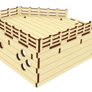 May include: A wooden playhouse for small pets, featuring a raised platform with a railing, a tunnel entrance, and a set of stairs. The playhouse is made of light brown wood with brown accents.