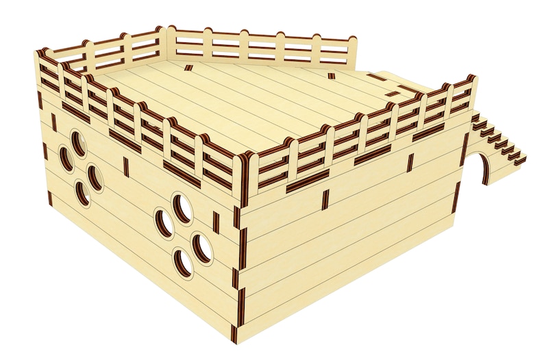 May include: A wooden playhouse for small pets, featuring a raised platform with a railing, a tunnel entrance, and a set of stairs. The playhouse is made of light brown wood with brown accents.