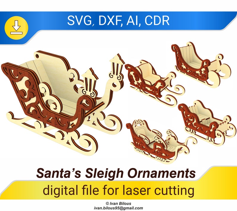Santa Sleigh Ornaments  laser cut file SVG Christmas plans image 1