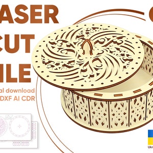 Laser Box Schmuck Box Kreis Box mit Deckel Laser-Cut-Dateien Laser-Cut-Dateien für Glowforge Schmuck Box Kreis Box mit Deckel Laser-Dateien cnc plan ai cdr