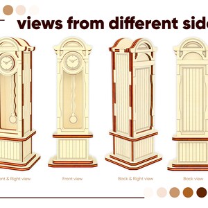 The intricate details of the laser cut Pendulum Clock cabinet from different angles. The cabinet is designed to be a miniature replica of a traditional pendulum clock, making it an excellent addition to your dollhouse furniture collection.