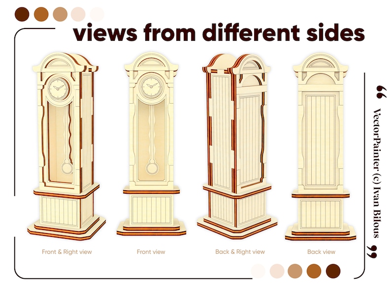 The intricate details of the laser cut Pendulum Clock cabinet from different angles. The cabinet is designed to be a miniature replica of a traditional pendulum clock, making it an excellent addition to your dollhouse furniture collection.