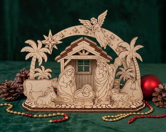 Nativity Schwibbogen Laser Cut File, Layered Christmas Arch with Holy Family SVG