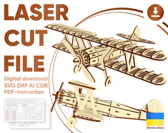 Biplane - laser cut file, Glowforge pattern, Airplane SVG, Digital file, Instant download