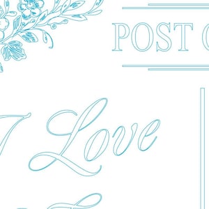 May include: A blue and white vintage postcard with the text "POST CARD" and the words "I Love" written in cursive.