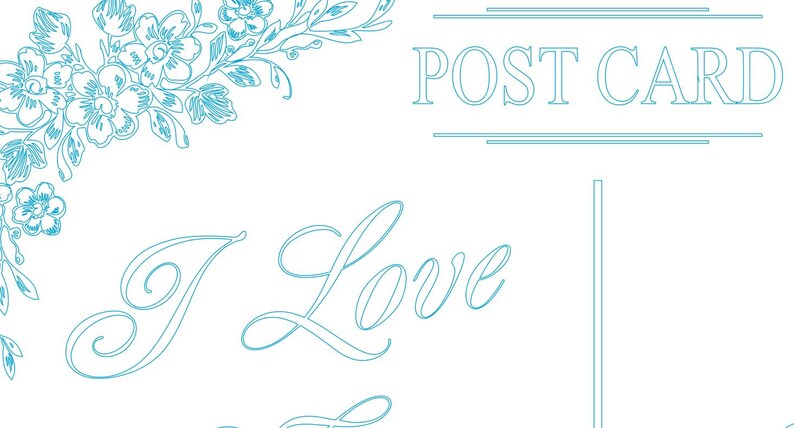 May include: A blue and white vintage postcard with the text "POST CARD" and the words "I Love" written in cursive.