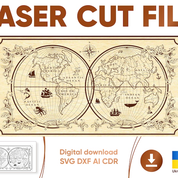 Mapa mundial - Archivo grabado con láser SVG, archivo cortado con láser