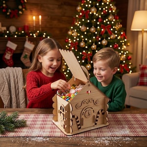 Two children, a girl and a boy, are sitting at a table and playing with a wooden toy house filled with candy.