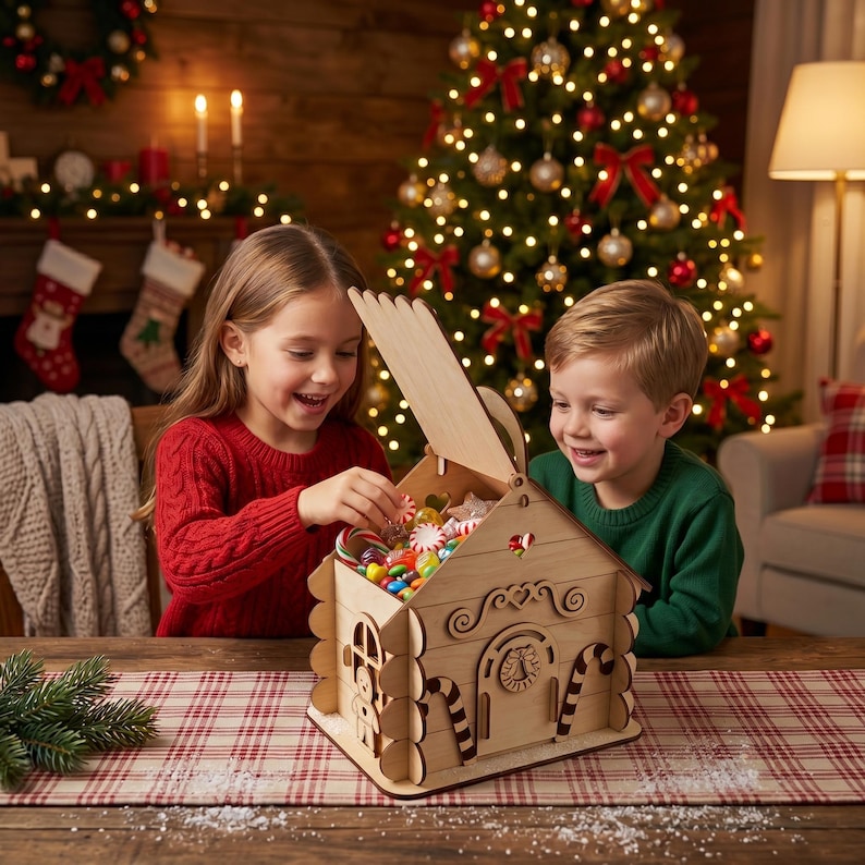 Two children, a girl and a boy, are sitting at a table and playing with a wooden toy house filled with candy.