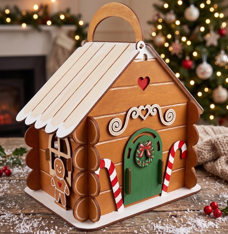 A wooden gingerbread house-shaped toy with a red heart on the front door, placed on a wooden surface with a Christmas tree and twinkling lights in the background.