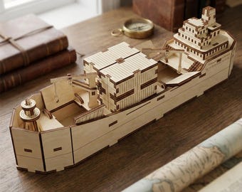 Wooden Cargo Ship Model - Laser Cut File, SVG Digital Project (Instant Download)