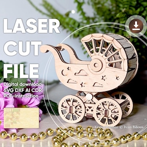 Lasergesneden SVG-bestand voor kinderwagen – verjaardagsornament 3D-miniatuur voor Glowforge en CNC