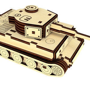 May include: A wooden model of a tank with brown and beige stripes. The tank has a large cannon and wheels on the bottom.