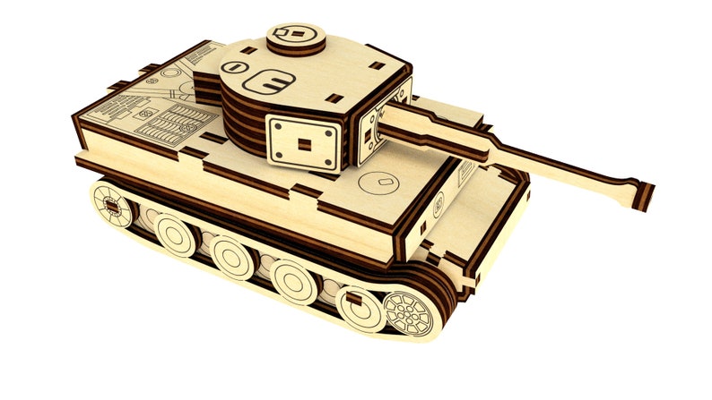 May include: A wooden model of a tank with brown and beige stripes. The tank has a large cannon and wheels on the bottom.