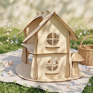 A wooden dollhouse with a round window sits on a blanket in a grassy field with colorful flowers.