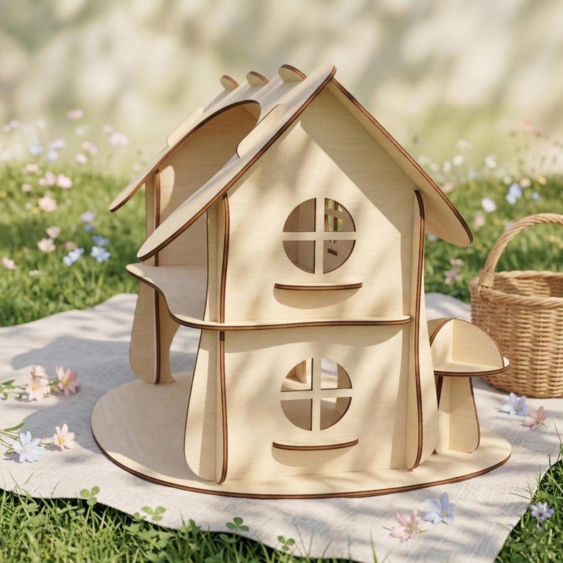 A wooden dollhouse with a round window sits on a blanket in a grassy field with colorful flowers.