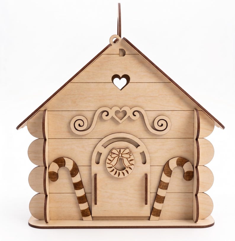 A wooden cabin-like structure with a heart-shaped cutout on the roof, decorated with candy canes and a wreath.