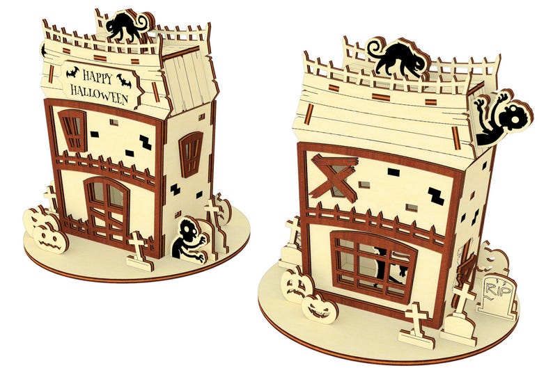 two wooden houses decorated for Halloween, with bats and other spooky elements.