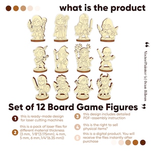 Set of 12 wooden fantasy board game figures for laser cutting, tabletop miniatures design pack overview